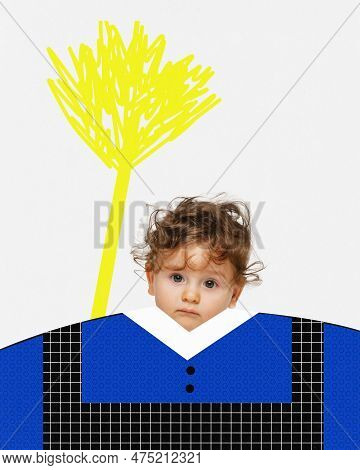 Contemporary Art Collage With One Little Boy Wearing Special Uniform And Screaming Over White Backgr