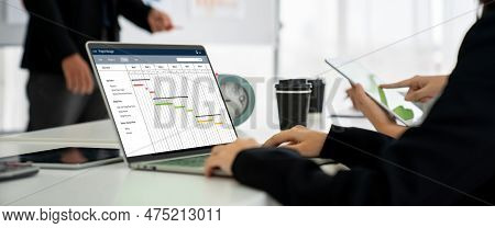Project Planning Software For Modish Business Project Management On The Computer Screen Showing Time