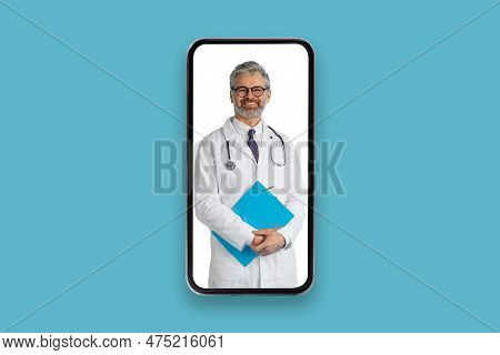 Smiling Middle Aged Man Doctor In Cell Phone Screen, Collage
