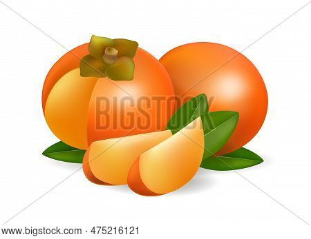 Realistic Persimmon. Oriental Persimmons Fruits Whole And Slices Isolated Vector Illustration, Orang