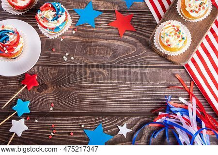 Independence Day Fourth Of July Usa American Patriotic Party. Cupcakes With American Symbols.