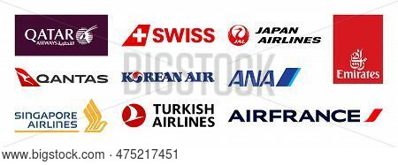 Ukraine, Kropyvnytskyi - April 24, 2023. Airline Logo Set. Most Popular Logo - Qatar Airways, Singap
