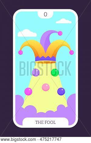 The Fool Tarot Cartoon Flat Card Template Major Arcana. Taro Vector Illustration Spiritual Signs Wit