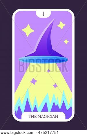 The Magician Tarot Cartoon Flat Card Template Major Arcana. Taro Vector Illustration Spiritual Signs