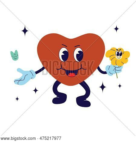 Cheerful Heart Holding A Flower, 70's Groovy Retro Print. Illustration For Tee, T Shirt And Sticker
