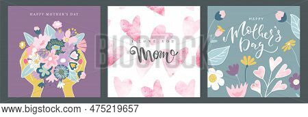 Set Of Greeting Cards For Mothers Day With Beautiful Flowers And Watercolor Hearts.vector Illustrati