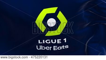 Paris, Fr, Apr. 2023: Ligue 1 Flag Waving In The Wind. Ligue 1 Is A French Professional League For M