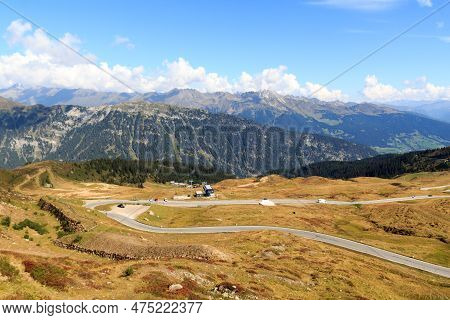 Panorama View Of Road With Serpentines At Mountain Pass Jaufen Pass In South Tyrol, Italy