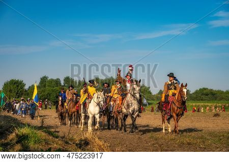 Gniew, Poland, Aug 2020 Polish Hors Cavalry, Hussars, Riding And Leading Army Column. Warrior Waivin
