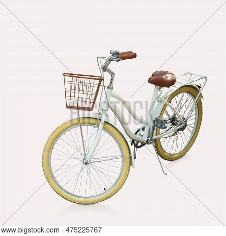 White Frame Bike , Brown Front Basket, Brown Handlebar And Seat, Yellow Bicycle Tire, On Isolated Ba