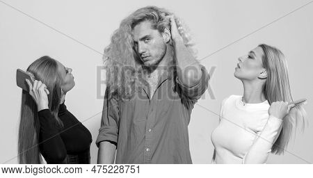 Diverse Group Of Women And Man Combing Hair Isolated Over Background. Attractive Cheerful Sexy, Fash