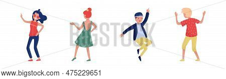 Young Boy And Girl Dancing To Music Raising Up Hands Vector Illustration Set