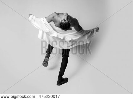 Stylish Man With Bare Chest Wear Shirt. Male Fashion And Trend. Macho Man. Trendy Guy Model. Fit Bod