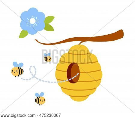Beehive Hanging From A Tree Branch And Bees Flying Around Beehive Cartoon Vector Illustration