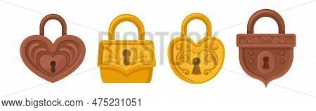 Golden And Copper Padlock With Keyhole As Security Mechanism Vector Set