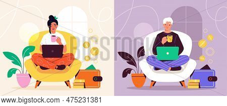 Earning Online Concept. Man And Woman Sitting On Armchair With Laptop And Cup Of Hot Coffee Or Tea. 