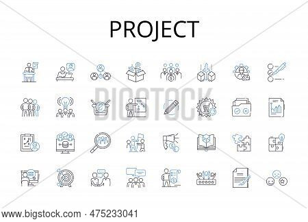 Project Line Icons Collection. Venture, Initiative, Endeavor, Undertaking, Scheme, Assignment, Task 