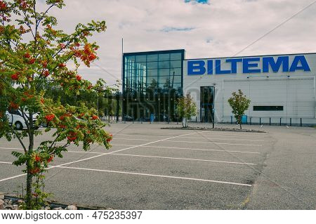 Helsinki, Finland - August 22, 2022: Biltema Store. Blue Sign Above Main Entrance To Building. Car P