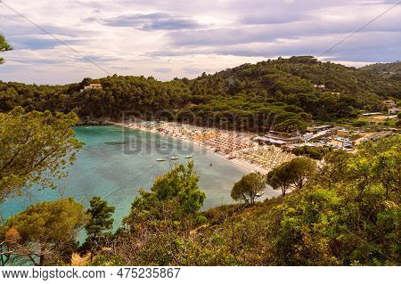 Fetovaia, Elba Island, Province Of Livorno Italy - 08 June 2022 Panoramic View On Iconic Beach Of Fe