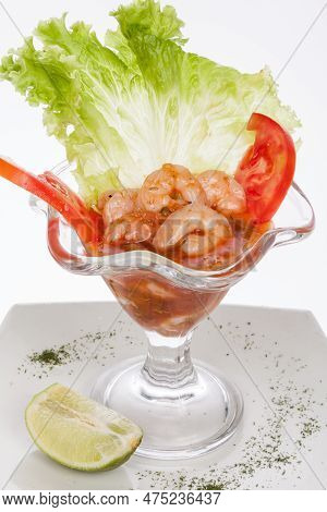 Cup With Tasty Shrimp Ceviche; Photo On White Background.