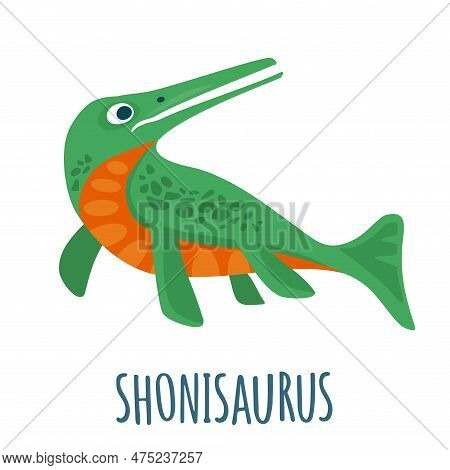 Dinosaur Shonisaurus. Vector Colorful Flat Illustration Isolated On White. Lettering Plesiosaur.