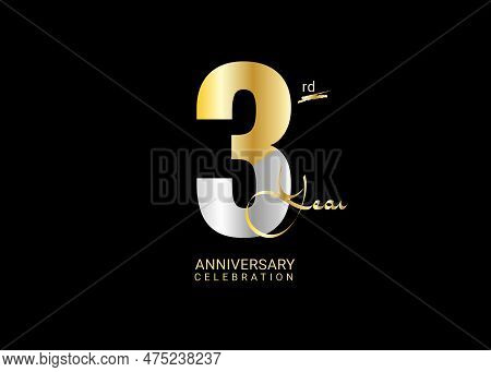 3 Years Anniversary Celebration Gold And Silver Vector Template, 3 Number Logo Design, 3rd Birthday 