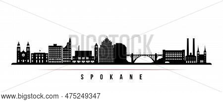 Spokane, Wa Skyline Horizontal Banner. Black And White Silhouette Of Spokane City. Vector Template F