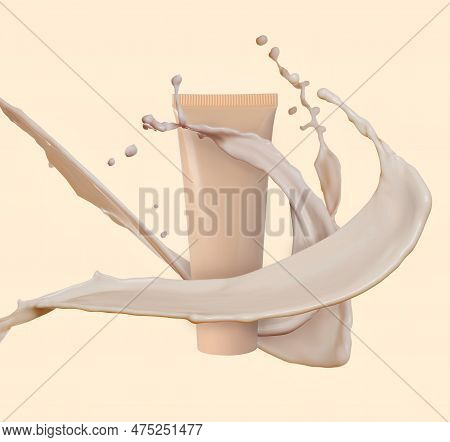 Liquid Foundation In Tube And Splashes Of Makeup Product On Beige Background