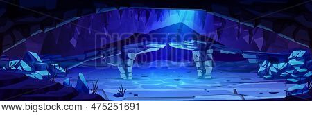 Cartoon Underwater Cave With Stone Bridge. Vector Illustration Of Rocky Landscape On Bottom Of Deep 