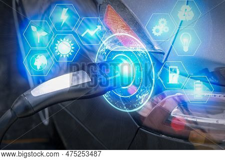 Charging Station For Electric Cars. Types And Connectors Of Ports For Charging Vehicles.