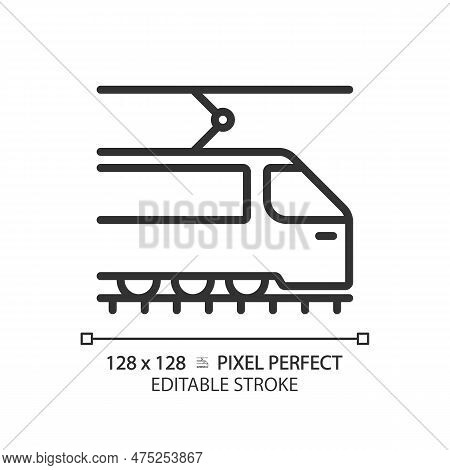 Tram Pixel Perfect Linear Icon. Tramway Train. Urban Transport. Light Rail Vehicle. Modern Streetcar