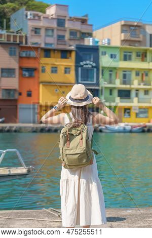 Woman Traveler Visiting In Taiwan, Tourist With Backpack And Hat Sightseeing In Keelung, Colorful Zh