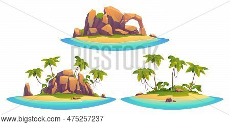 Uninhabited Tropical Isle Cartoon Scene Set. Tiny Sea Rock Island With Palm Tree And Stone Cliff Vec