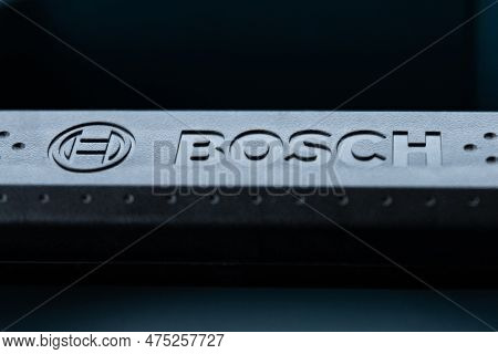 Close-up Of The Bosch Logo On The Handle Of A Professional Construction Equipment