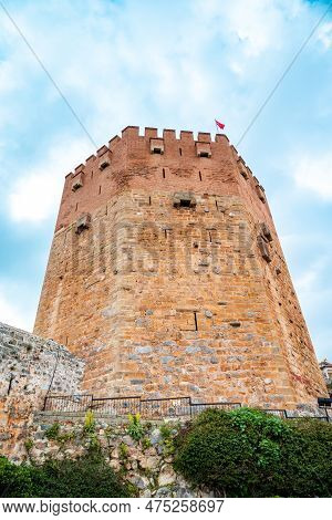 Ancient Red Tower In Alanya Turkey On A Sunny Day