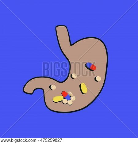 Vector Isolated Illustration Of Human Stomach With Pills And Capsules In It. Probiotics To Restore T