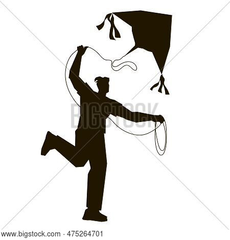 Black Silhouette Of Man Running With Air Kite In Hands. Stencil Outline Of Man Flying A Kite Vector 