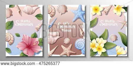 Set Of Cards With Frangipani Flowers, Hibiscus, Sea Shells, Clams, Starfish. Summer Background With 