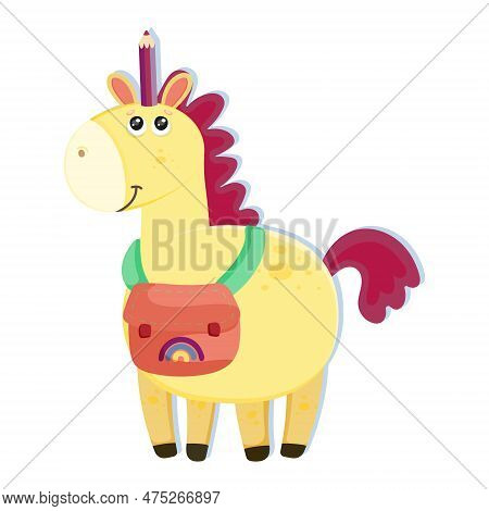 Funny Unicorn Or Pony With Pencil On A Head. Cute Cartoon Animal For Study English At School. Happy 