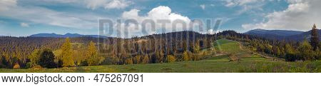 Summer Panorama View On Mountainous Green Pasture Meadow  (slavske Village, Carpathian Mts, Ukraine)
