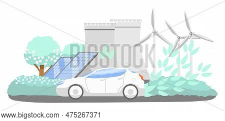 Electric Car Ecology Day. Environment Concept Of Green Eco City With Alternative Safety Energy. Sola