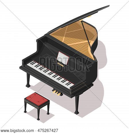 Music Instrument Black Grand Piano Isolated On White Background. Isometric 3d Element In Vector Desi