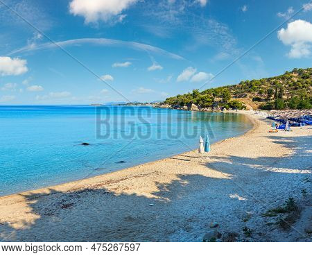 Morning Sandy Kaviou Beach. Summer Top View (nikiti, Sithonia, Halkidiki, Greece). People Unrecogniz