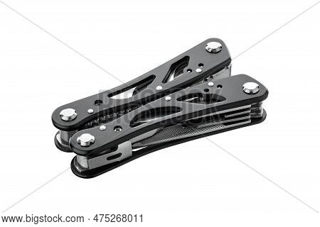 Steel Multitool Isolated On White Background. Opened Multitool With Pliers, File, Blade, Screwdriver