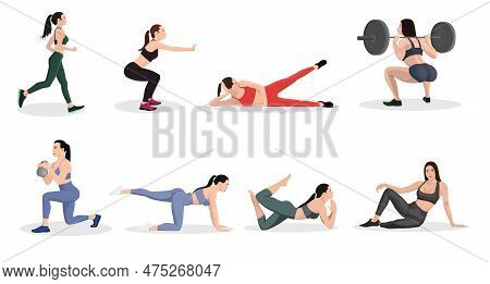 Women Character Doing Fitness. Strong Woman Doing Barbell Squat. Sporty Young Girl With Slim Body Do
