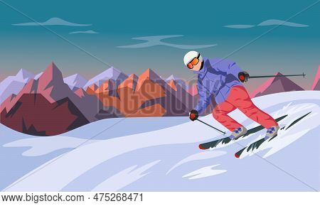 Extreme Skier Slides On Mountain Downhill. Sports Recreation On Skis In Mountains Hills. Winter Acti