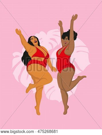 African And Asian Fat Women In Red Underwear Have Fun Of Dancing. Concept Of Body Positivity And Lov
