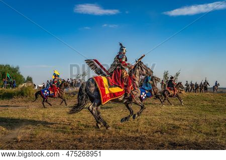 Gniew, Poland, Aug 2020 Polish Heavy Cavalry, Hussars, Attacking Swedish Fortifications, Historical 