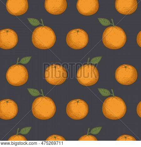 Pattern With Tangerines. Seamless Repeating Pattern With Clementines, Citrus Plant. Hand Drawn In Vi