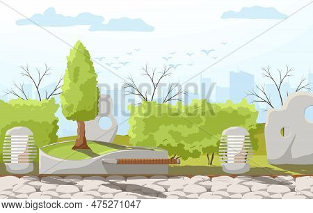 City Park Summer Or Spring Time Scenery Landscape. Cityscape Background, Empty Public Place For Walk